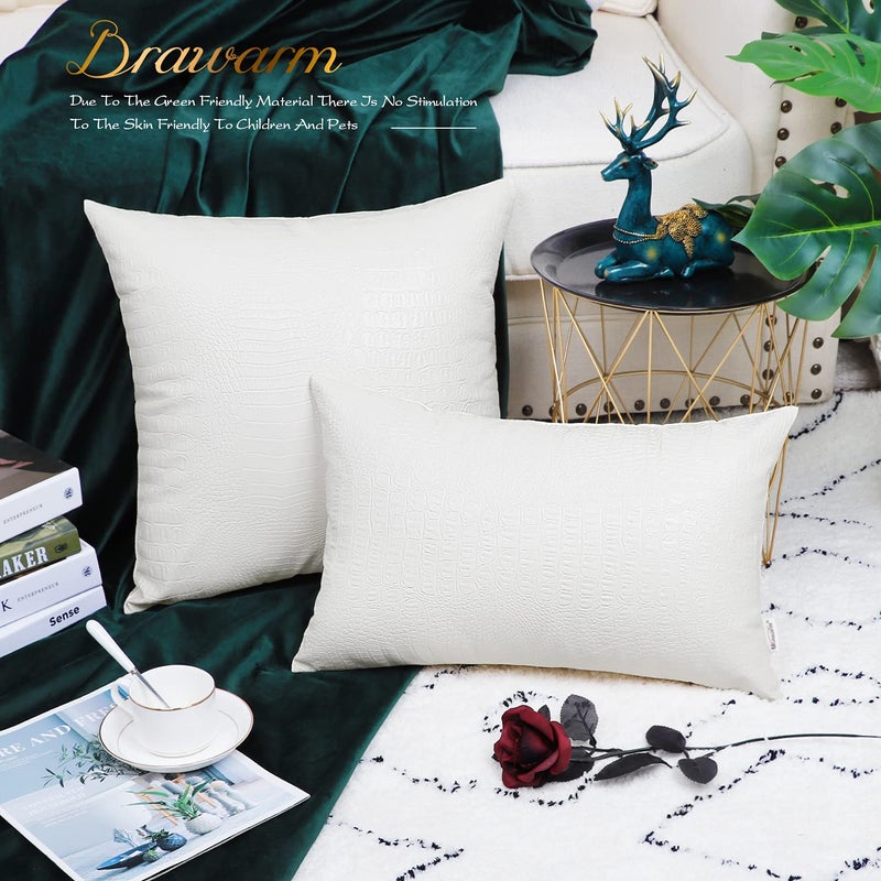 BRAWARM Faux Leather Pillow Covers 18 X 18 Inches, White Leather Pillow Covers Pack of 2, Crocodile Leather Decorative Throw Pillows for Living Room Couch Bed Sofa Home - Image 4